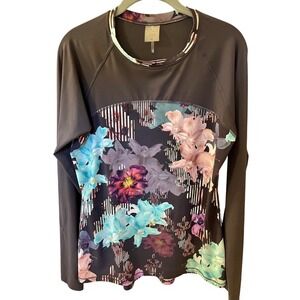CALIA BY CARRIE UNDERWOOD Printed Long Sleeve Rashguard Gray Floral Swim Top EXL